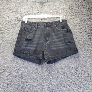 KanCan Shorts Womens Size Medium Black Distressed High Rise Denim Rolled Cuff
